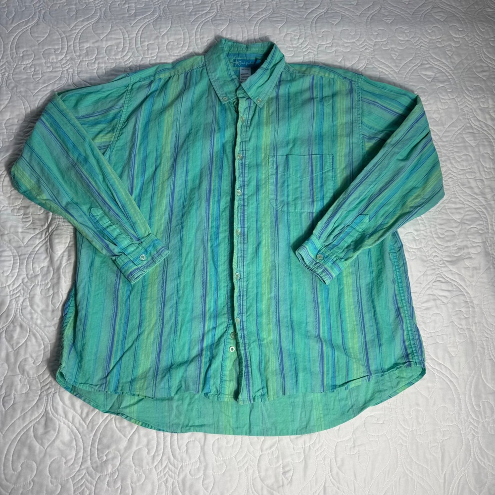 VTG Fresh Produce Mens XL Teal Green Striped 100% Cotton Button Down Shirt EUC